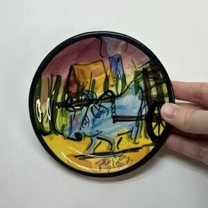 vintage hand painted 5 inch plate abstract colorful cart wagon rural pto plata